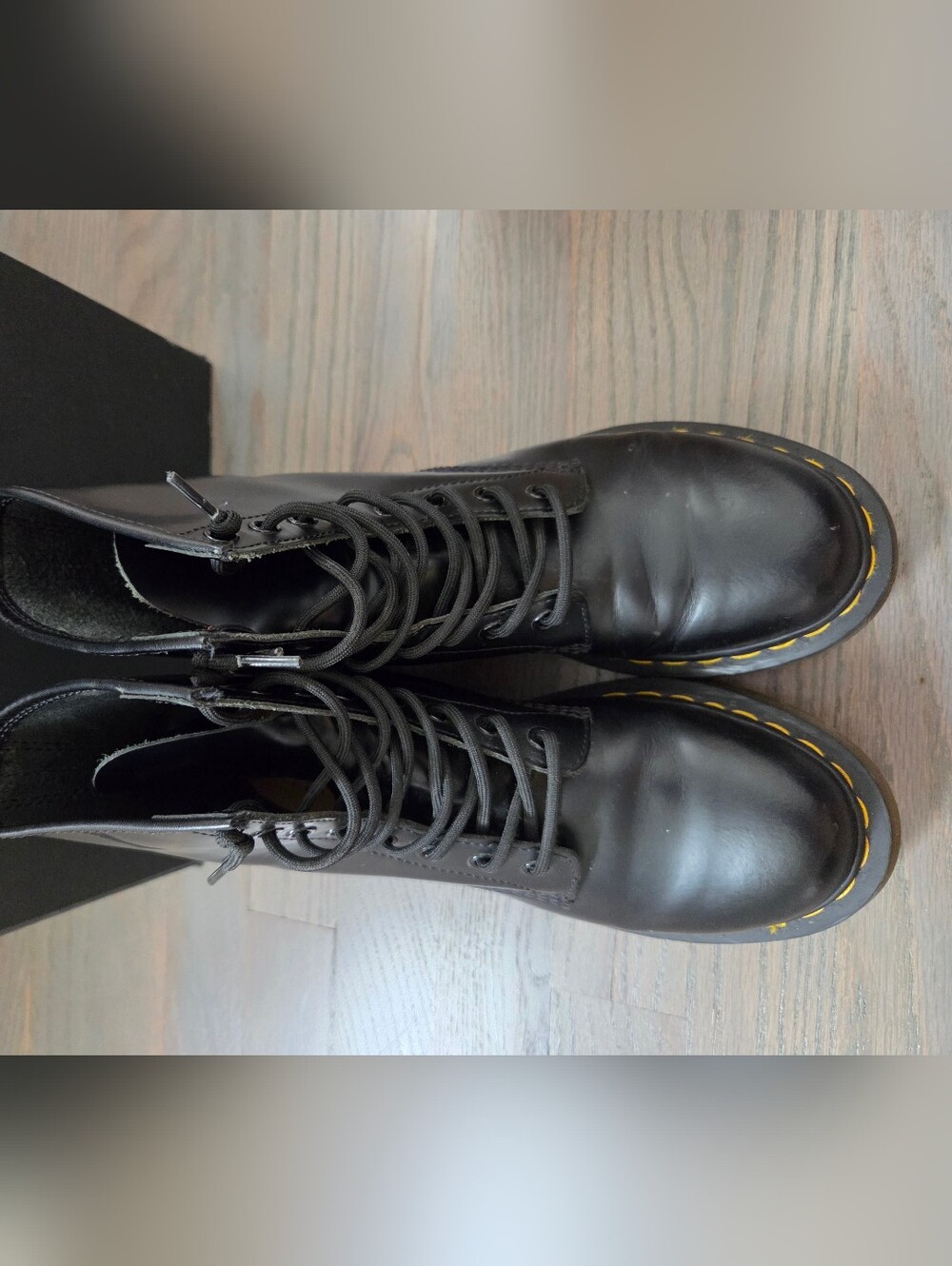 Dr. Martens Black Leather Lace-Up Combat Boots with Yellow Stitching - Picture 13 of 13